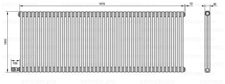 Схема (чертеж) Радиатор Zehnder Charleston 2180/43 №V004 Белый глянцевый RAL 9016